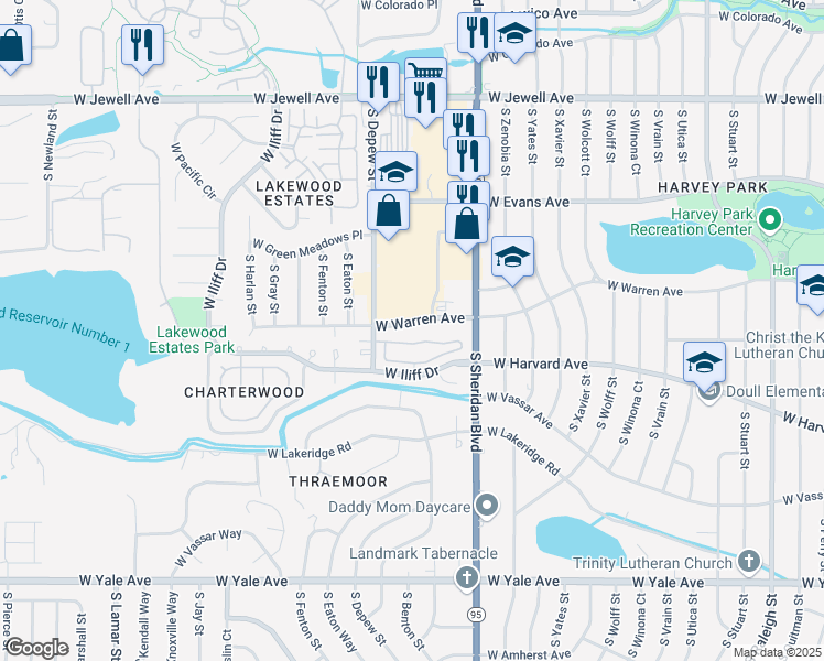 map of restaurants, bars, coffee shops, grocery stores, and more near 5401 West Iliff Drive in Lakewood