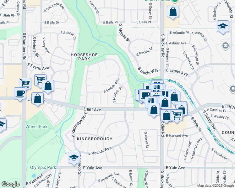 map of restaurants, bars, coffee shops, grocery stores, and more near 2266 South Norfolk Street in Aurora