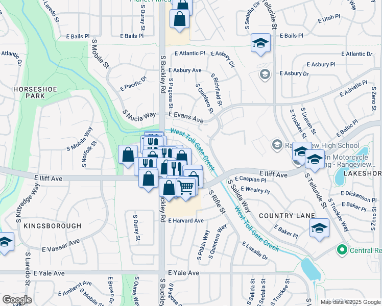 map of restaurants, bars, coffee shops, grocery stores, and more near 2244 South Pitkin Way in Aurora