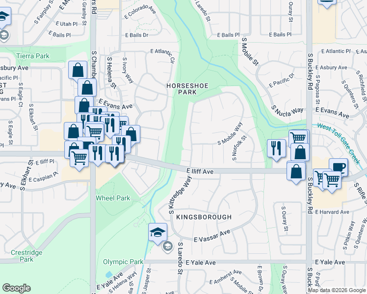 map of restaurants, bars, coffee shops, grocery stores, and more near 15954 East Baltic Place in Aurora