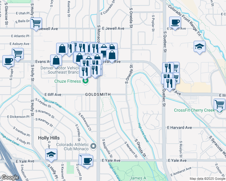 map of restaurants, bars, coffee shops, grocery stores, and more near 6810 East Iliff Avenue in Denver