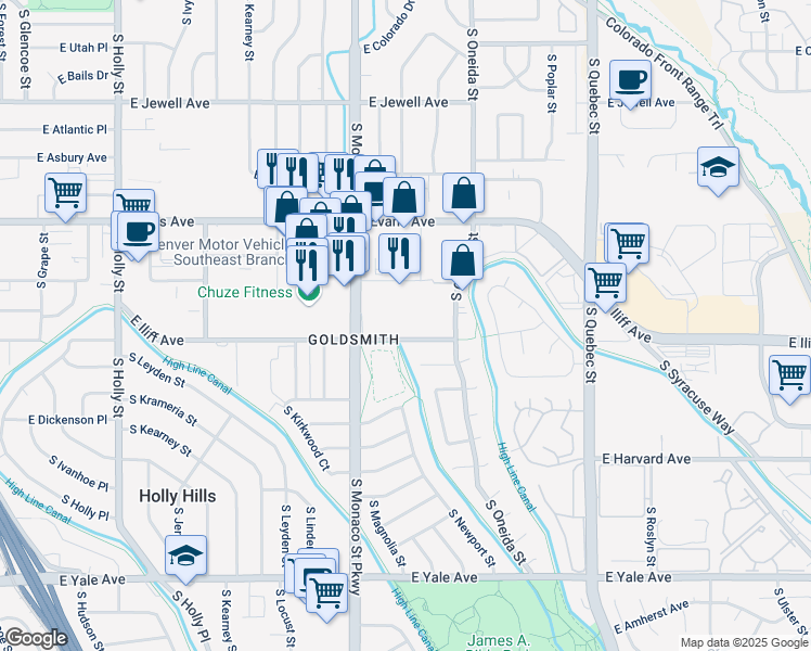 map of restaurants, bars, coffee shops, grocery stores, and more near 6810 East Iliff Avenue in Denver