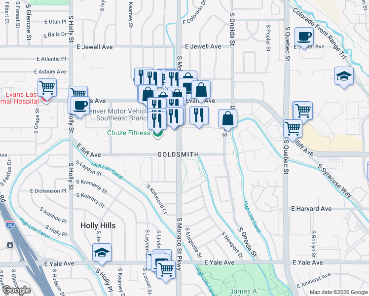 map of restaurants, bars, coffee shops, grocery stores, and more near in Denver