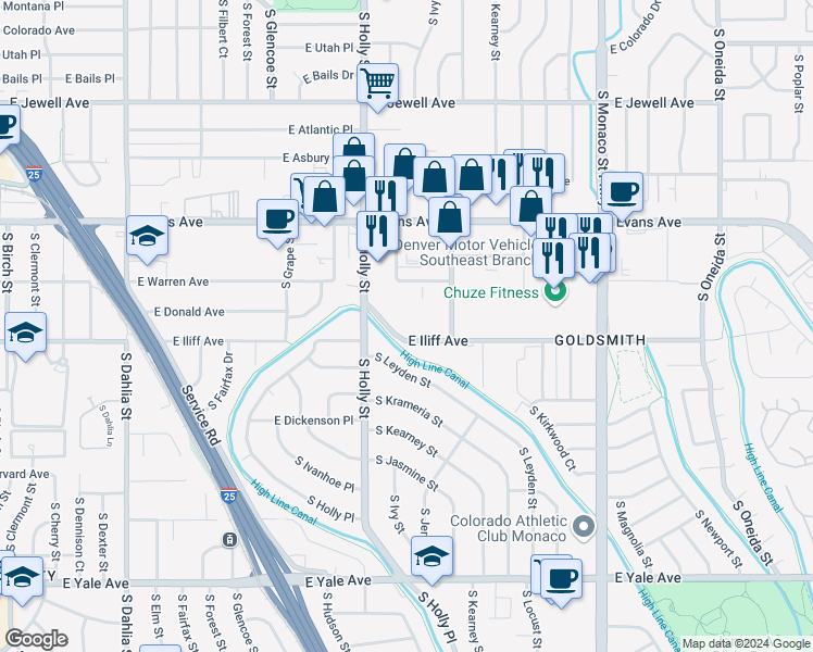 map of restaurants, bars, coffee shops, grocery stores, and more near 5875 East Iliff Avenue in Denver