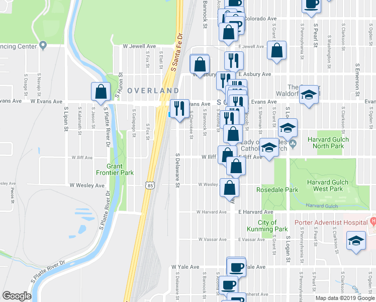 map of restaurants, bars, coffee shops, grocery stores, and more near 2286 South Cherokee Street in Denver