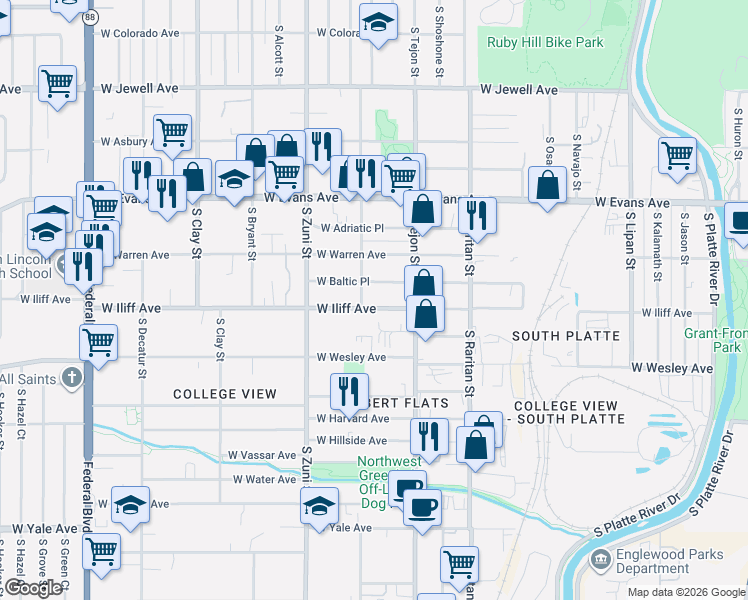 map of restaurants, bars, coffee shops, grocery stores, and more near 2238 West Iliff Avenue in Englewood