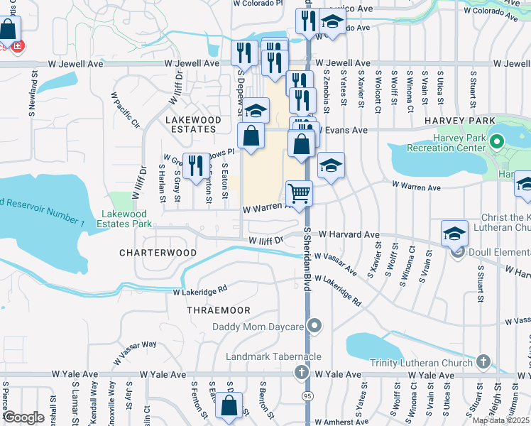 map of restaurants, bars, coffee shops, grocery stores, and more near 5401 West Iliff Drive in Lakewood