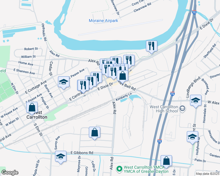 map of restaurants, bars, coffee shops, grocery stores, and more near 1-99 Alex Circle in West Carrollton
