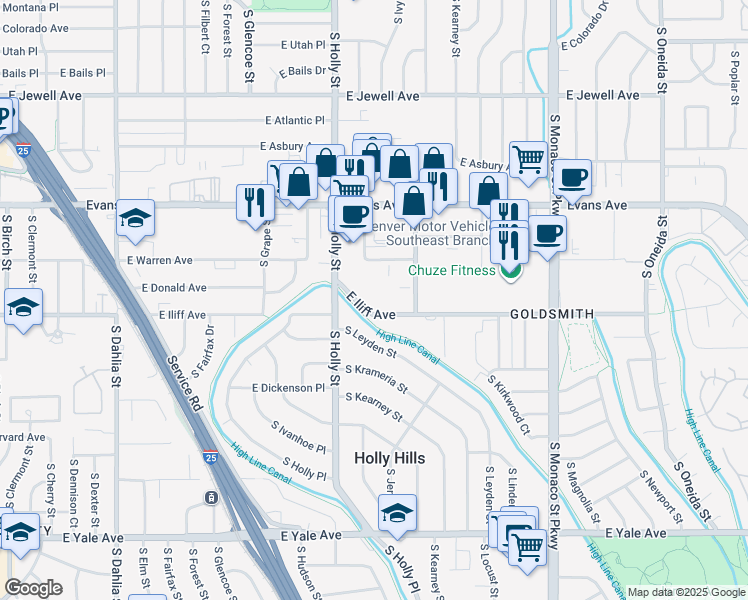 map of restaurants, bars, coffee shops, grocery stores, and more near 5875 East Iliff Avenue in Denver