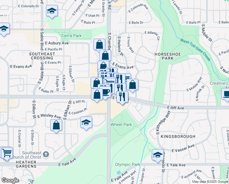 map of restaurants, bars, coffee shops, grocery stores, and more near in Aurora
