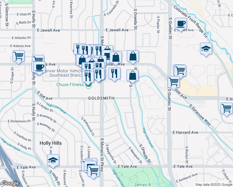 map of restaurants, bars, coffee shops, grocery stores, and more near 6810 East Iliff Avenue in Denver