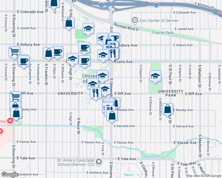 map of restaurants, bars, coffee shops, grocery stores, and more near in Denver