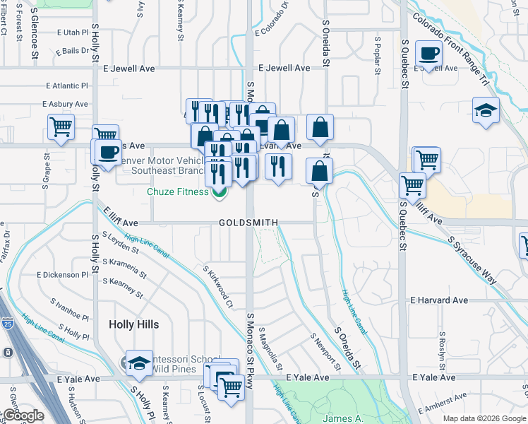 map of restaurants, bars, coffee shops, grocery stores, and more near 2280 South Monaco Parkway in Denver