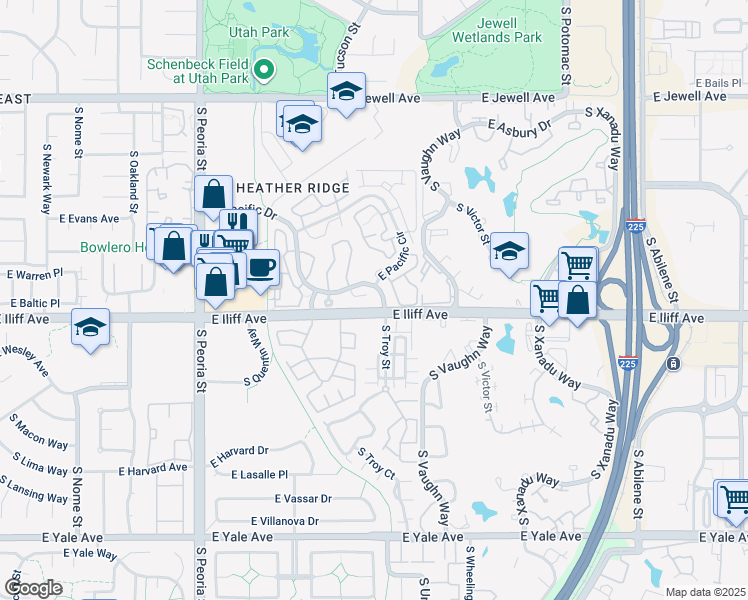 map of restaurants, bars, coffee shops, grocery stores, and more near 2323 South Troy Street in Aurora