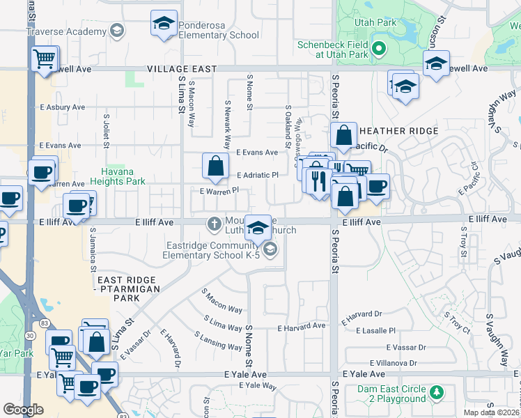 map of restaurants, bars, coffee shops, grocery stores, and more near 2243 South Oakland Way in Aurora