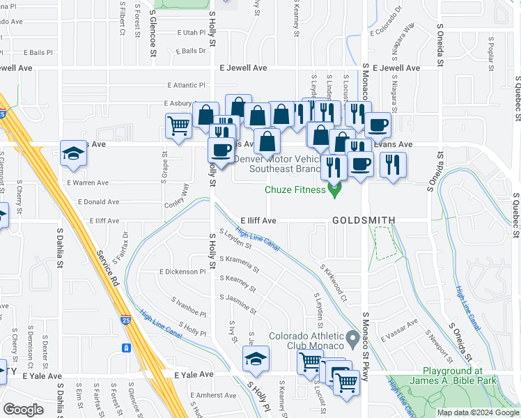 map of restaurants, bars, coffee shops, grocery stores, and more near 5905 East Iliff Avenue in Denver