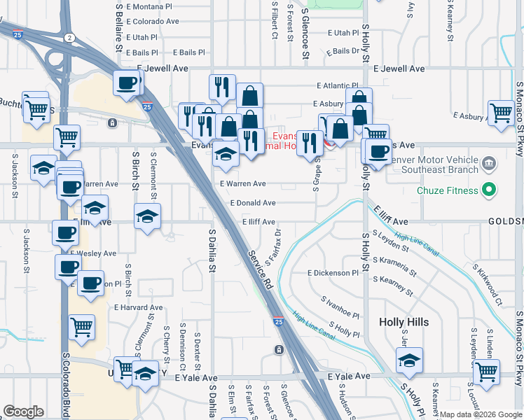 map of restaurants, bars, coffee shops, grocery stores, and more near 5095 East Iliff Avenue in Denver
