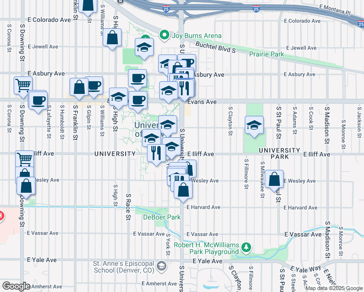 map of restaurants, bars, coffee shops, grocery stores, and more near in Denver