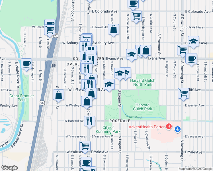 map of restaurants, bars, coffee shops, grocery stores, and more near 225 East Iliff Avenue in Denver