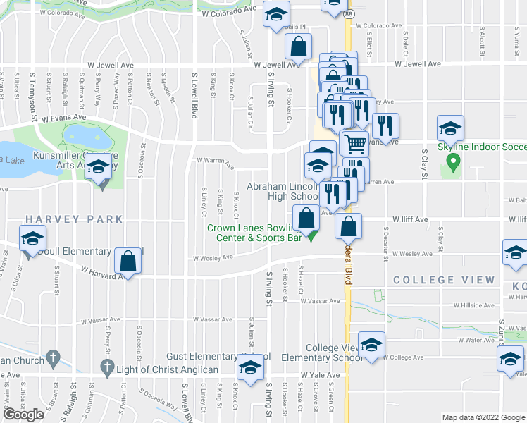 map of restaurants, bars, coffee shops, grocery stores, and more near 2325 South Irving Street in Denver