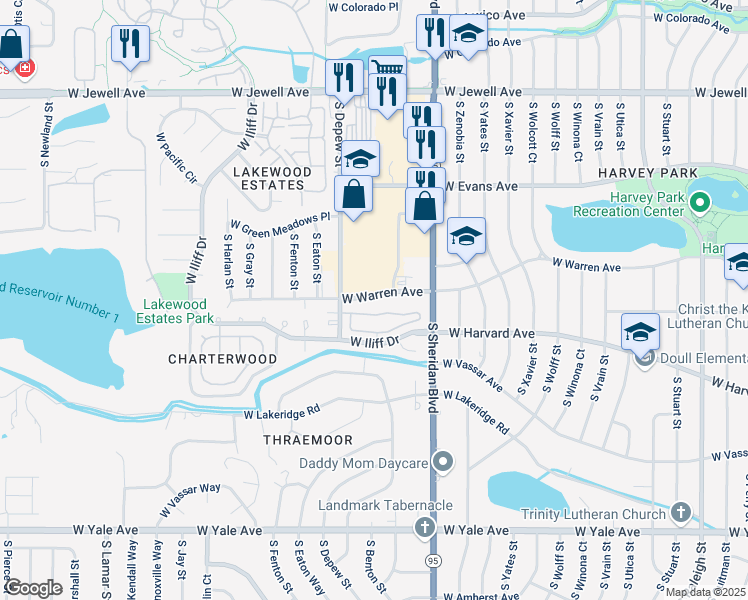 map of restaurants, bars, coffee shops, grocery stores, and more near 5401 West Iliff Drive in Lakewood