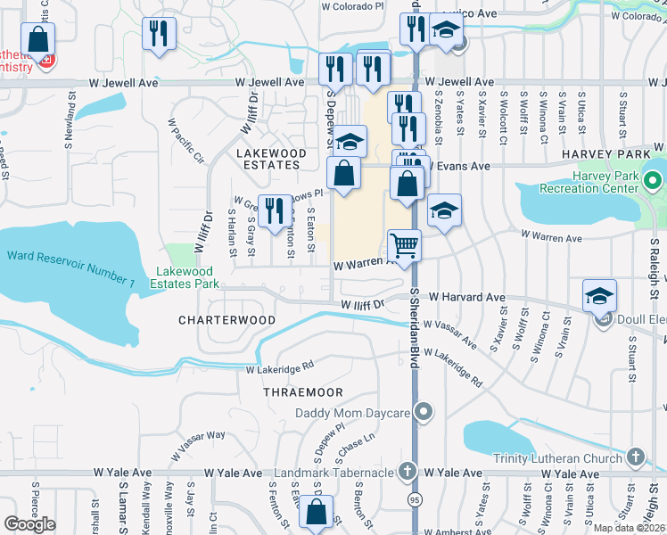 map of restaurants, bars, coffee shops, grocery stores, and more near 2286 South Depew Street in Lakewood