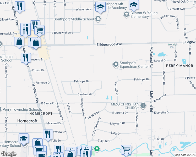 map of restaurants, bars, coffee shops, grocery stores, and more near 6326 South Tacoma Avenue in Indianapolis