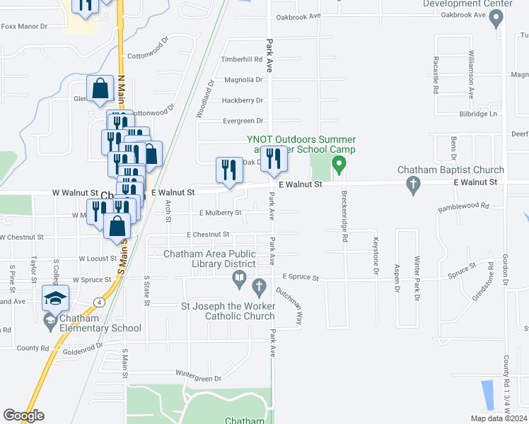 map of restaurants, bars, coffee shops, grocery stores, and more near 704 East Mulberry Street in Chatham