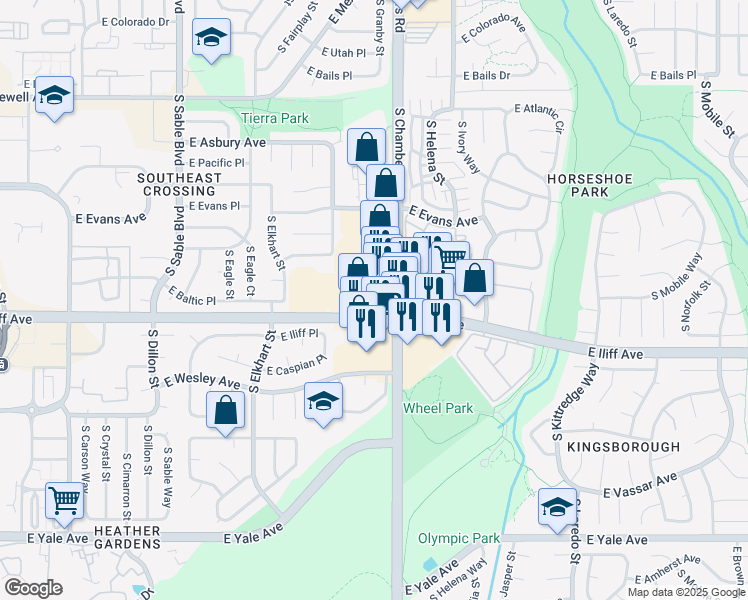 map of restaurants, bars, coffee shops, grocery stores, and more near 2295 South Chambers Road in Aurora