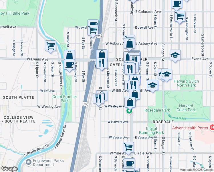 map of restaurants, bars, coffee shops, grocery stores, and more near 2286 South Cherokee Street in Denver