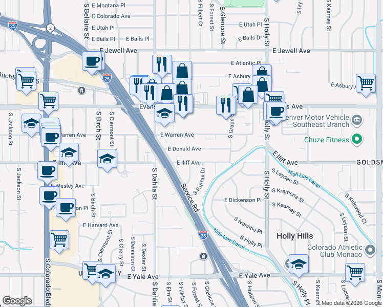 map of restaurants, bars, coffee shops, grocery stores, and more near 5095 East Iliff Avenue in Denver
