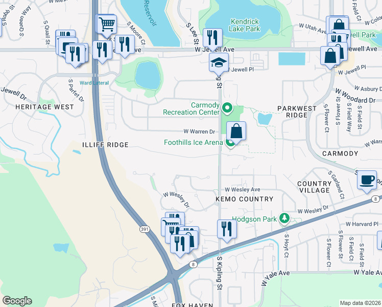 map of restaurants, bars, coffee shops, grocery stores, and more near 10250 West Iliff Avenue in Lakewood