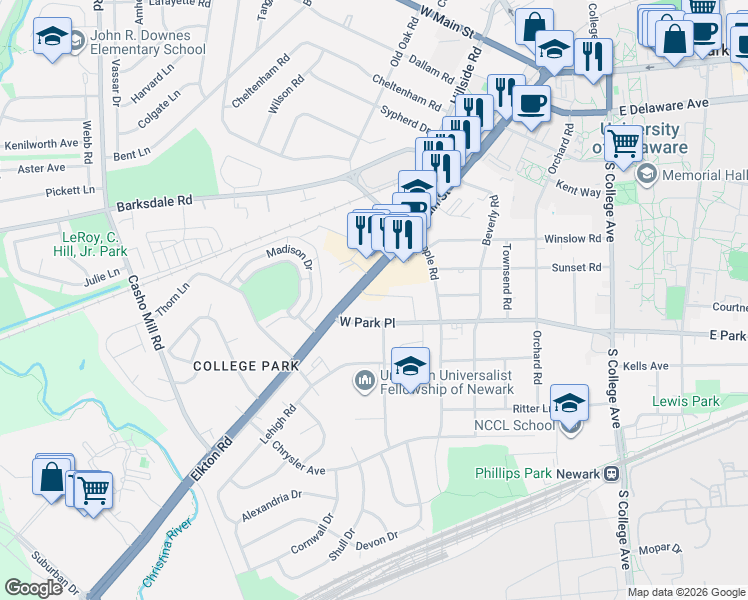 map of restaurants, bars, coffee shops, grocery stores, and more near 216 West Park Place in Newark
