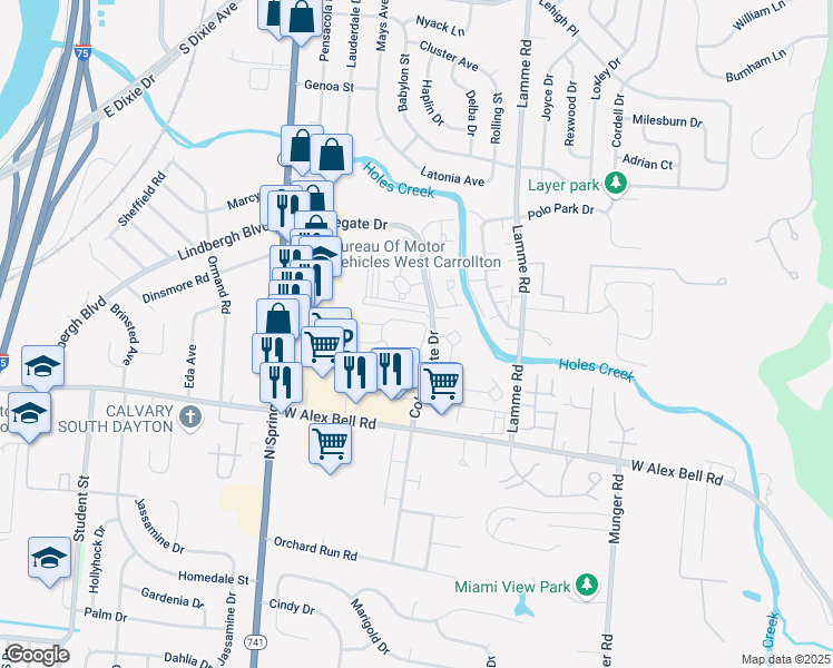 map of restaurants, bars, coffee shops, grocery stores, and more near 5360 Dovetree Boulevard in Moraine