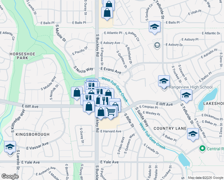 map of restaurants, bars, coffee shops, grocery stores, and more near 2244 South Pitkin Way in Aurora