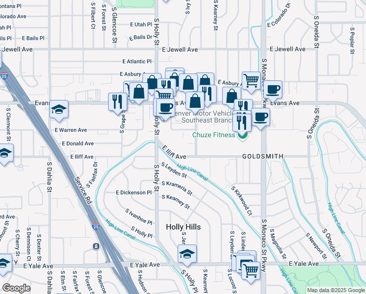 map of restaurants, bars, coffee shops, grocery stores, and more near 5905 East Iliff Avenue in Denver