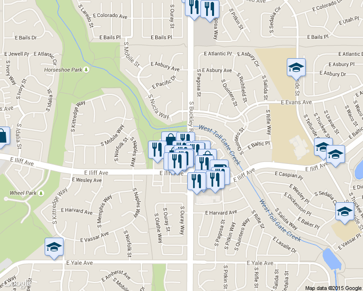 map of restaurants, bars, coffee shops, grocery stores, and more near 16883 East Iliff Avenue in Aurora
