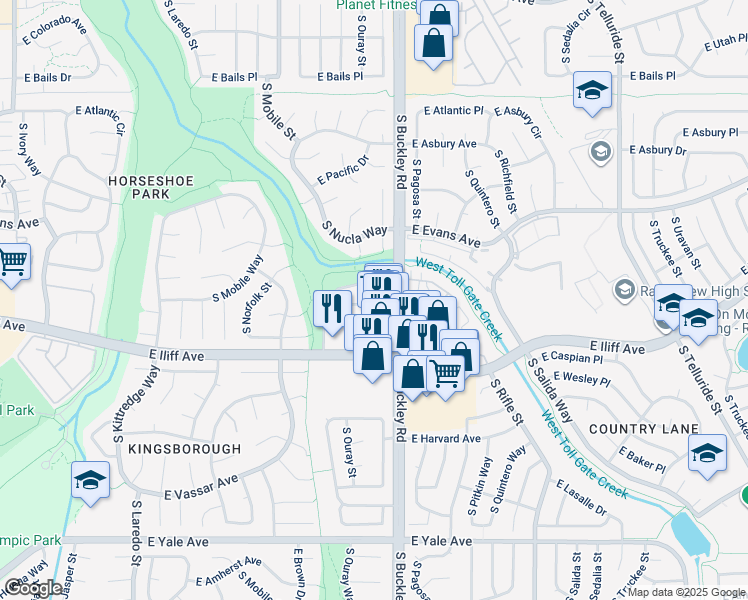 map of restaurants, bars, coffee shops, grocery stores, and more near 16883 East Iliff Avenue in Aurora