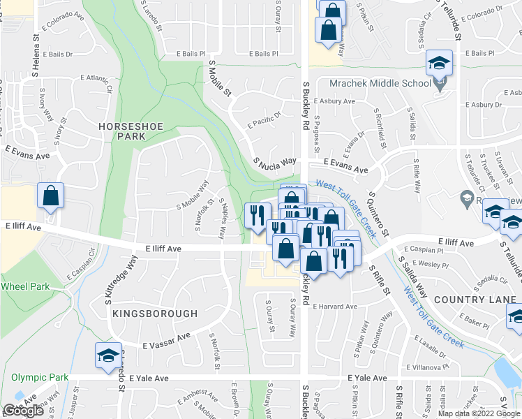 map of restaurants, bars, coffee shops, grocery stores, and more near 16861 East Iliff Avenue in Aurora