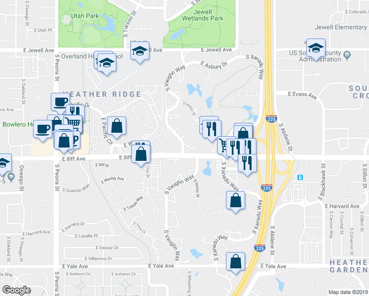 map of restaurants, bars, coffee shops, grocery stores, and more near 13222 East Iliff Avenue in Aurora