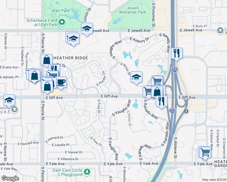 map of restaurants, bars, coffee shops, grocery stores, and more near 13222 East Iliff Avenue in Aurora