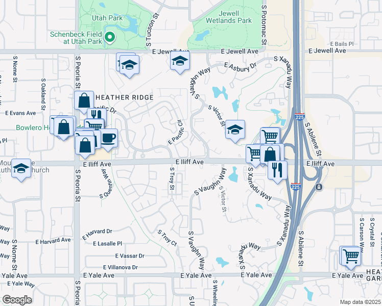 map of restaurants, bars, coffee shops, grocery stores, and more near 2336 South Troy Street in Aurora