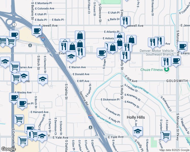 map of restaurants, bars, coffee shops, grocery stores, and more near 5245 East Iliff Avenue in Denver