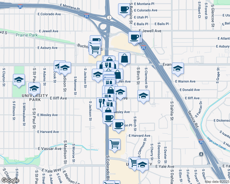 map of restaurants, bars, coffee shops, grocery stores, and more near 4045 East Iliff Avenue in Denver