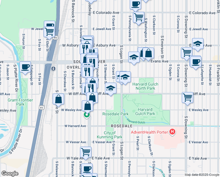 map of restaurants, bars, coffee shops, grocery stores, and more near 225 East Iliff Avenue in Denver