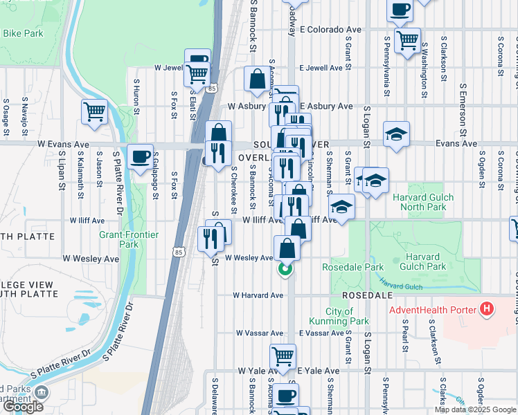 map of restaurants, bars, coffee shops, grocery stores, and more near 2290 South Bannock Street in Denver