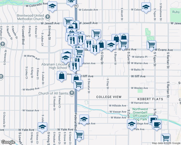 map of restaurants, bars, coffee shops, grocery stores, and more near 2799 West Iliff Avenue in Denver
