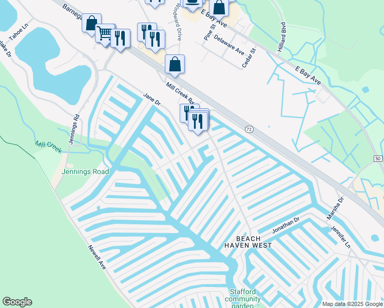 map of restaurants, bars, coffee shops, grocery stores, and more near 905 Jane Drive in Stafford Township
