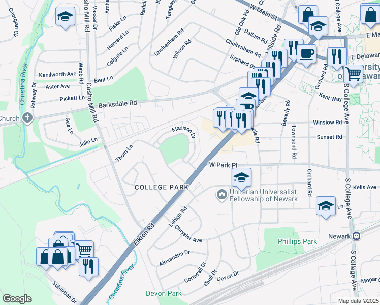 map of restaurants, bars, coffee shops, grocery stores, and more near 28 Madison Drive in Newark