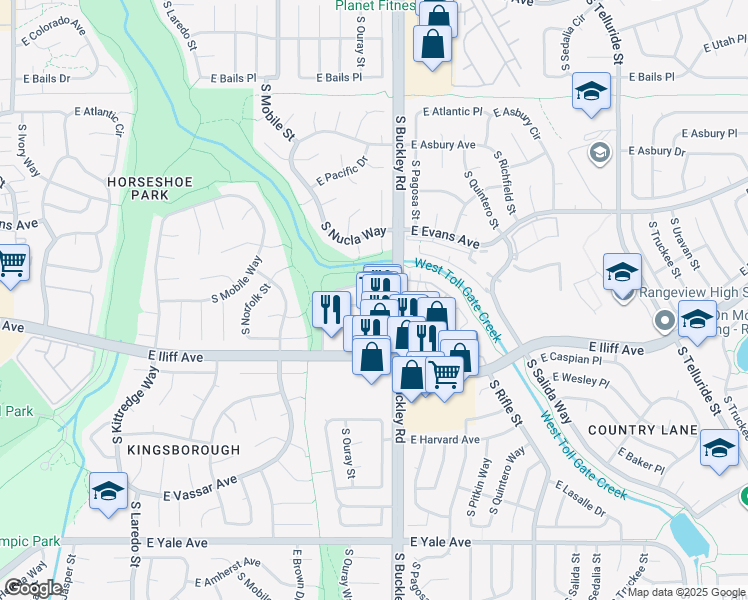 map of restaurants, bars, coffee shops, grocery stores, and more near 16883 East Iliff Avenue in Aurora